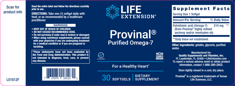 Provinal® Purified Omega-7 (Life Extension) Label