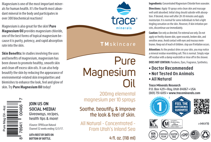 Pure Magnesium Oil 4oz Trace Minerals Research Label