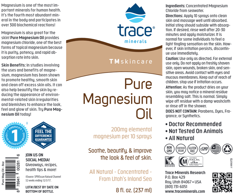 Pure Magnesium Oil 8oz Trace Minerals Research Label