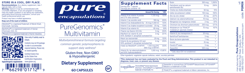 PureGenomics® Multivitamin (Pure Encapsulations) label
