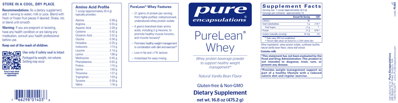 PureLean® Whey 432 g (Pure Encapsulations) label