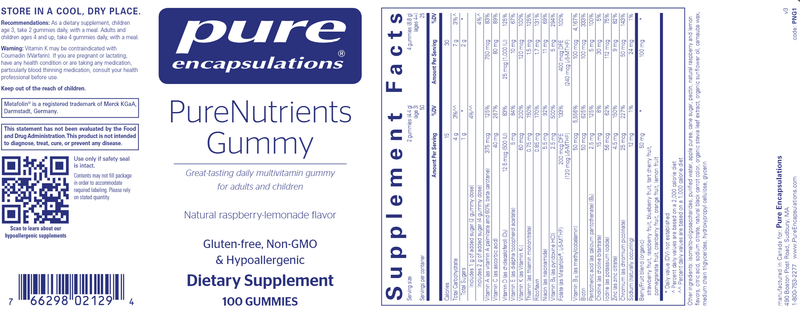 PureNutrients Gummy (Pure Encapsulations) label