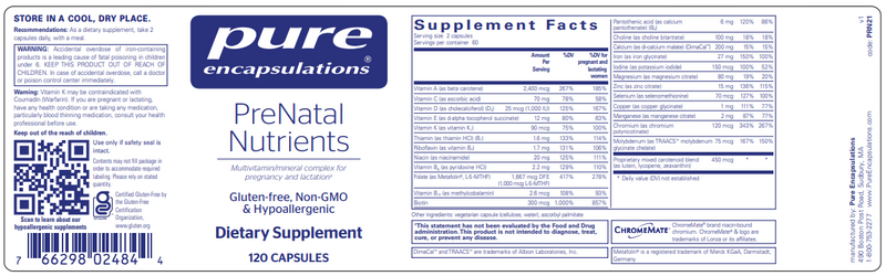 PreNatal Nutrients (Pure Encapsulations) 120ct Label