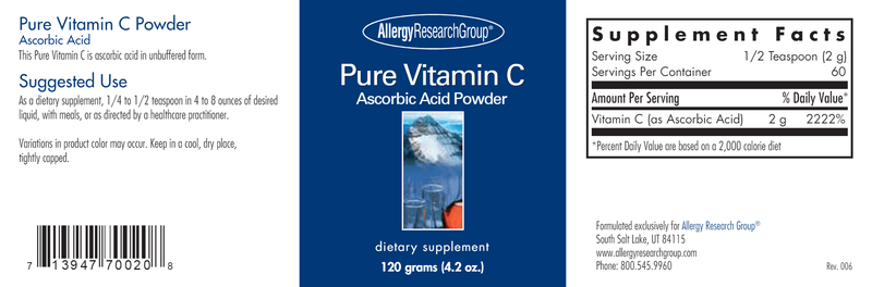 Pure Vitamin C Powder (Allergy Research Group) label