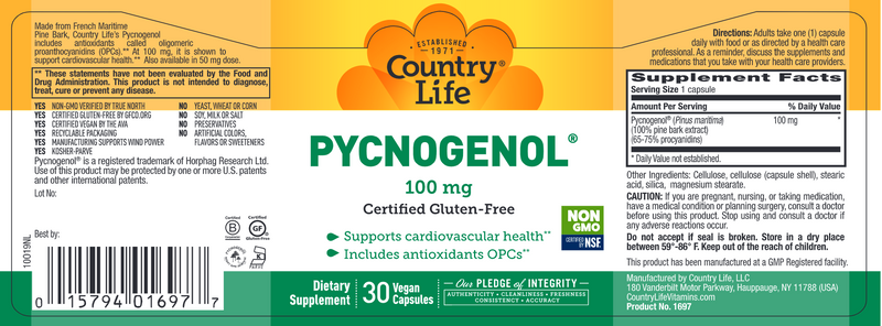 Pycnogenol 100 mg (Country Life) Label