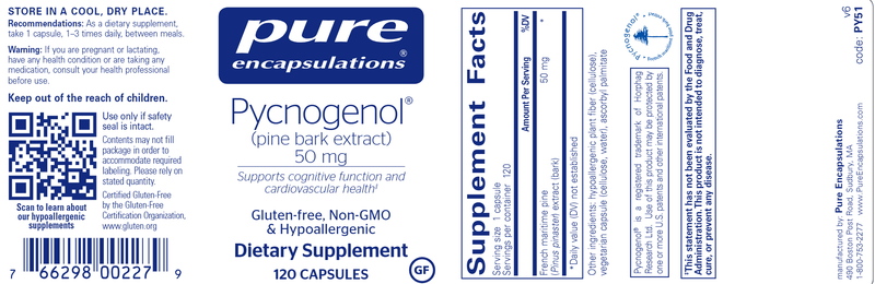 Pycnogenol 50 Mg. 120 caps (Pure Encapsulations) label