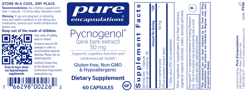 Pycnogenol 50 Mg. 60 caps (Pure Encapsulations) label