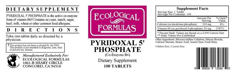 Pyridoxal 5-Phosphate 20 mg (Ecological Formulas) Label