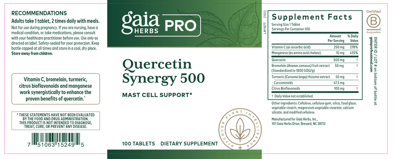 quercetin synergy 500 gaia herbs pro label