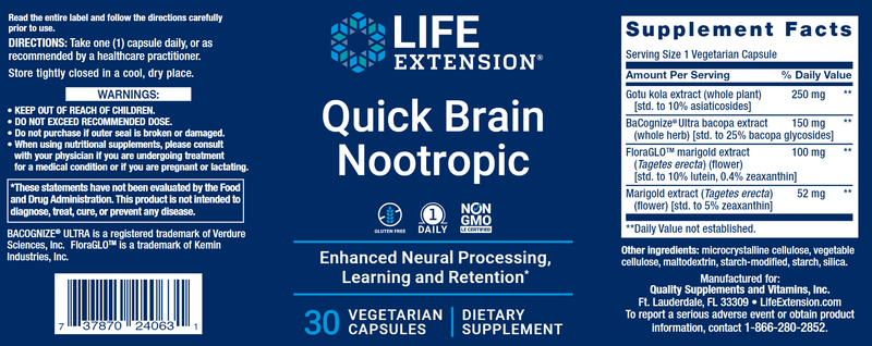 Quick Brain Nootropic (Life Extension) Label