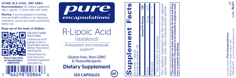R-Lipoic Acid (stabilized) 120 caps (Pure Encapsulations) label