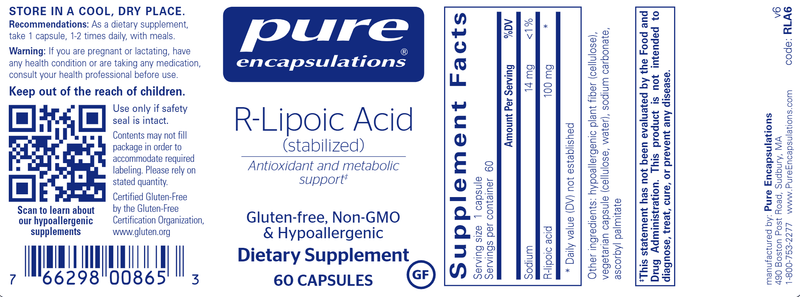 R-Lipoic Acid (stabilized) 60 caps (Pure Encapsulations) label