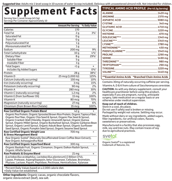 Raw Organic Fit Chocolate (Garden of Life Sport) Supplement Facts