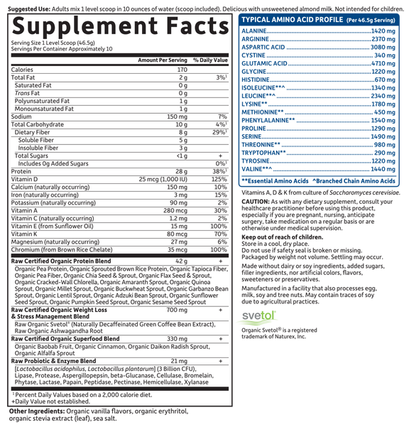 Raw Organic Fit Vanilla (Garden of Life Sport) Supplement Facts
