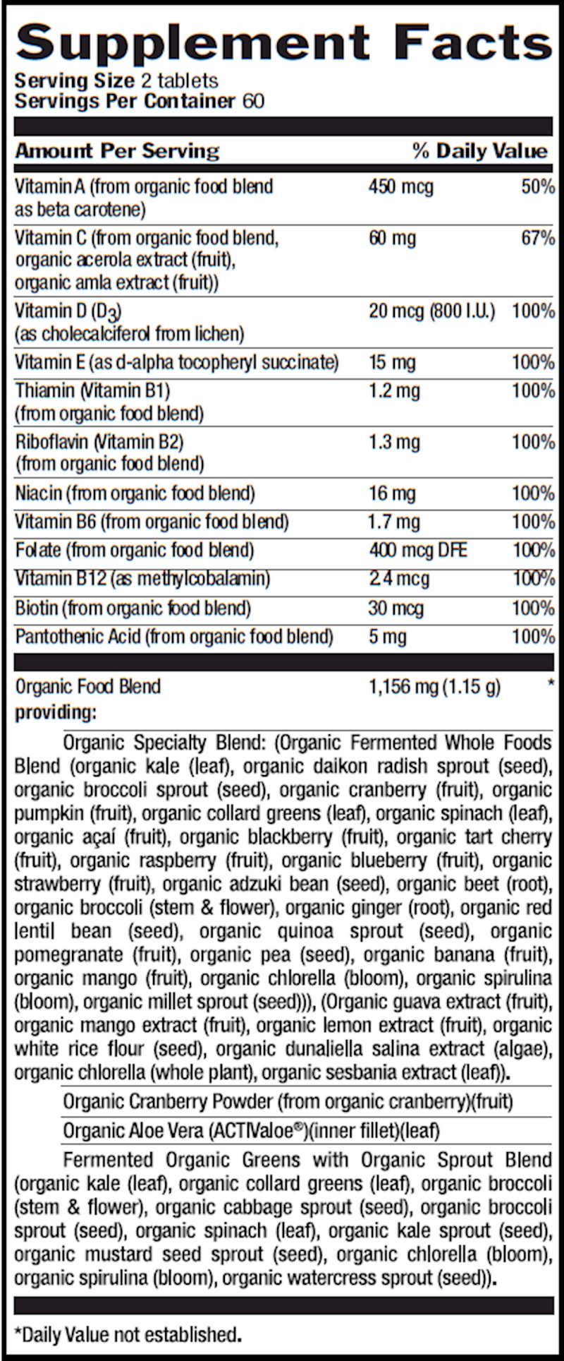 RealFood Organics for Women (Country Life) Supplement Facts