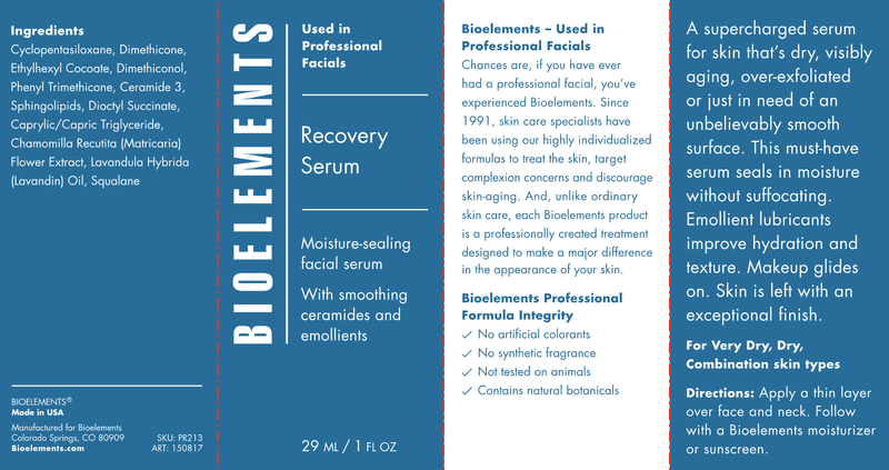Recovery Serum (Bioelements INC) Label