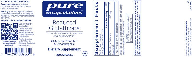 Reduced Glutathione 120 caps (Pure Encapsulations) label