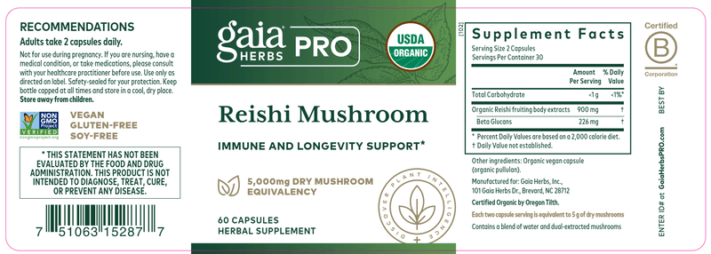 Reishi Mushroom (Gaia Herbs Professional Solutions) Label