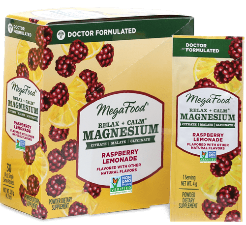 Relax + Calm Magnesium Powder-Raspberry Lemonade Packets (MegaFood) Front