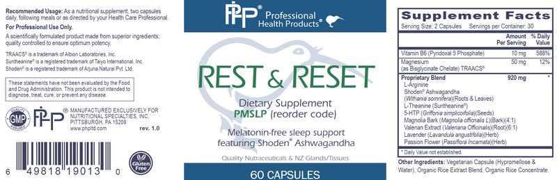 Rest & Reset Professional Health Products Label