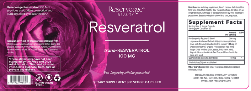 Resveratrol 100 mg (Reserveage) Label