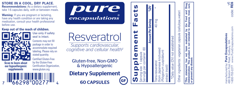 Resveratrol 60 caps (Pure Encapsulations) label
