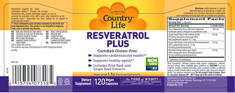 Resveratrol Plus (Country Life) Label