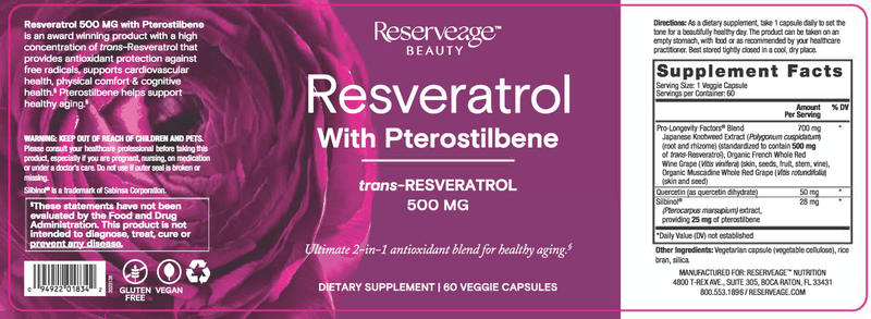 Resveratrol with Pterostilbene 500 mg (Reserveage) Label