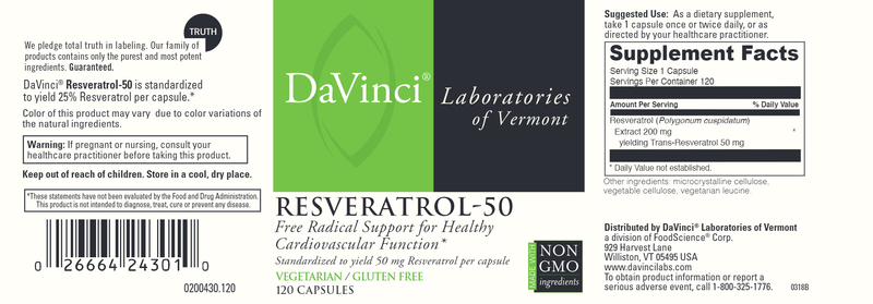 Resveratrol 50 DaVinci Labs Label
