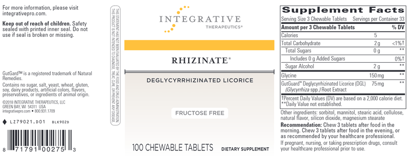 Rhizinate Deglycyrrhizinated Licorice Fructose Free (Integrative Therapeutics) Label