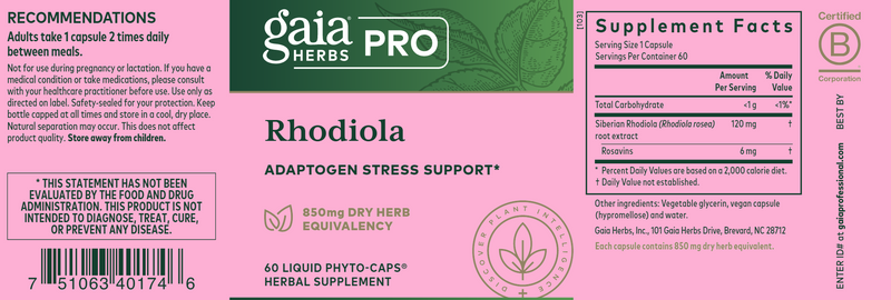 Rhodiola Rosea (Gaia Herbs Professional Solutions) Label