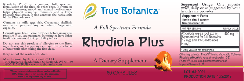 Rhodiola Plus (True Botanica) Label