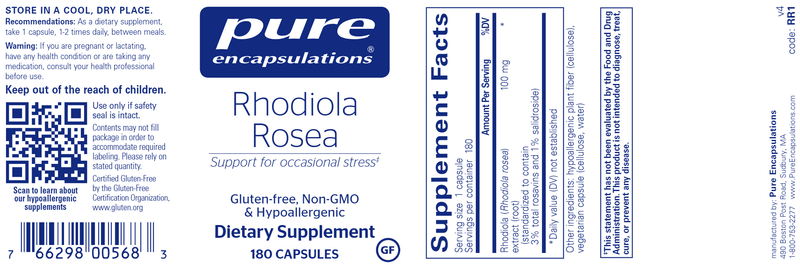 Rhodiola Rosea 180 caps (Pure Encapsulations) label