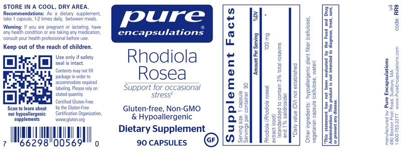 Rhodiola Rosea 90 caps (Pure Encapsulations) label