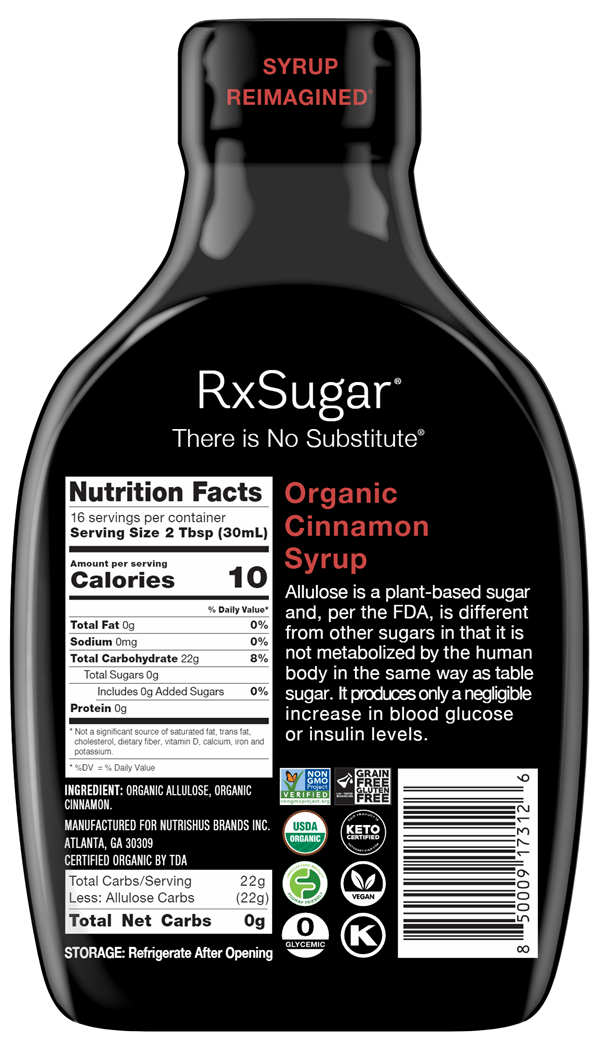 RxSugar Organic Cinnamon Syrup (RxSugar) Back