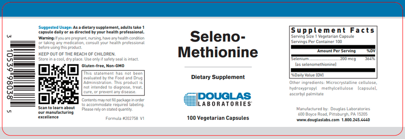 Seleno-Methionine 200 Mcg 100 Count (Douglas Labs) Label