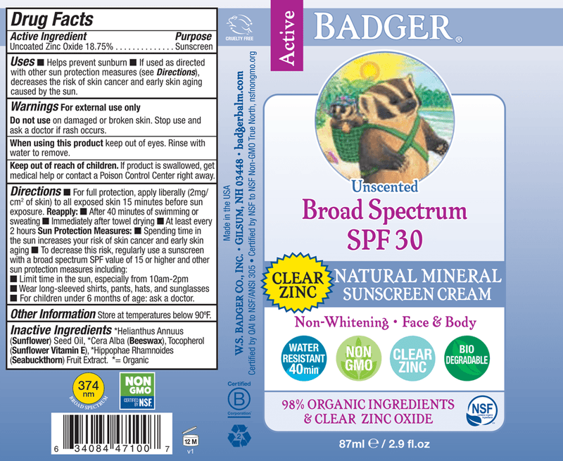 SPF 30 Clear Zinc Sunscreen Cream (Badger) Label