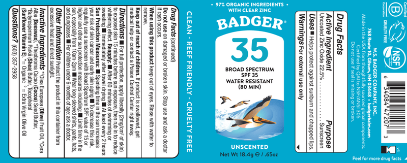 SPF 35 Active Mineral Face Stick (Badger) Label