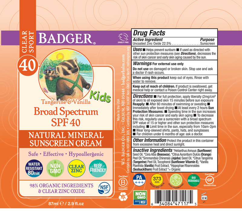 SPF 40 Kids Clear Zinc Sunscreen Cream (Badger) Label