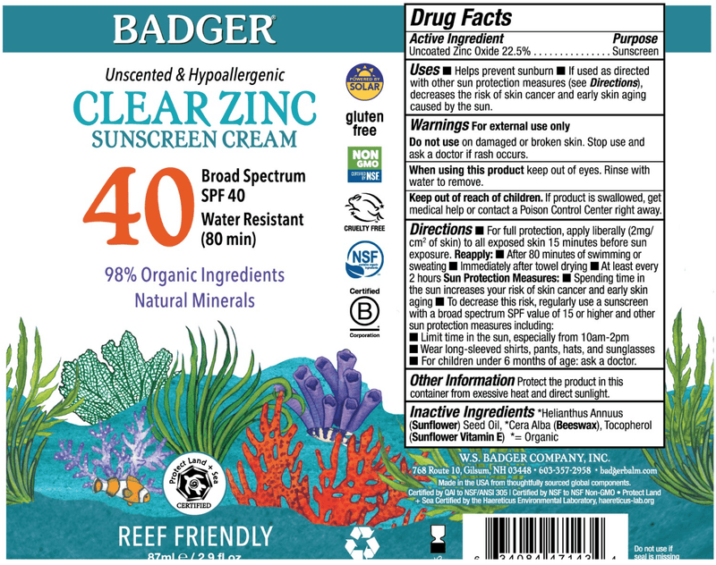 SPF 40 PL+S Clear Zinc Sunscreen Cream (Badger) Label