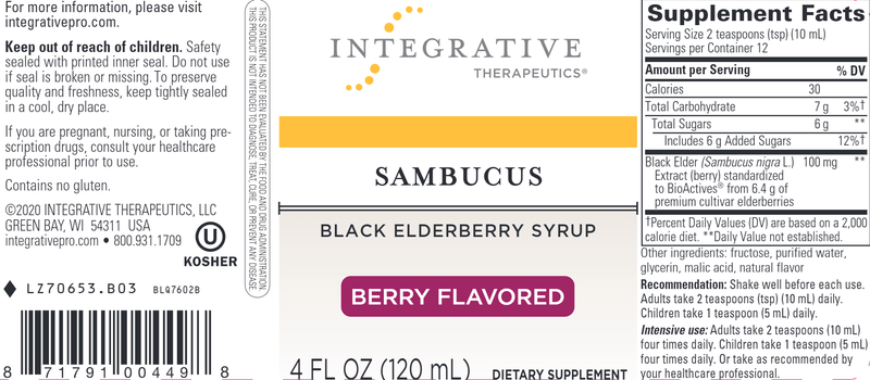 Sambucus Black Elderberry Syrup 4 oz. (Integrative Therapeutics) Label