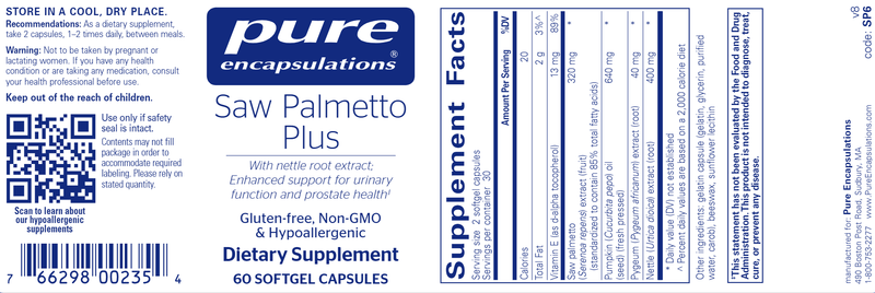 Saw Palmetto Plus 60 caps (Pure Encapsulations) label