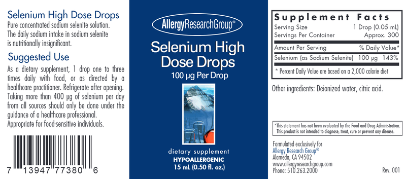 Selenium High Dose Drops (Allergy Research Group) label
