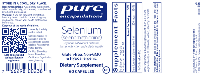 Selenium (selenomethionine) 60 caps (Pure Encapsulations) label