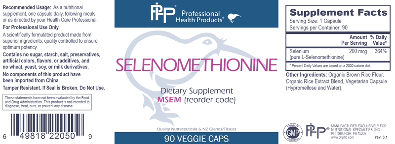 Selenomethionine Professional Health Products Label