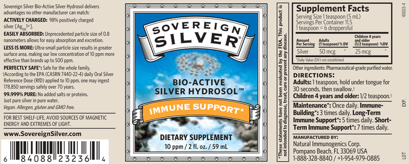 Silver Hydrosol 10 PPM 2oz (Sovereign Silver) Label