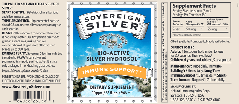 Silver Hydrosol 10 PPM 32oz (Sovereign Silver) Label