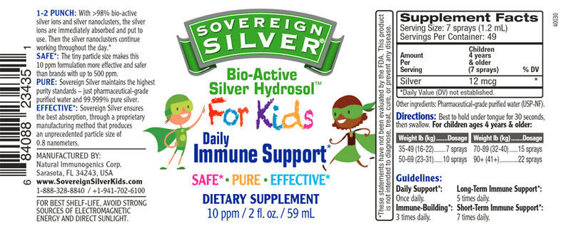 Silver Hydrosol For Kids Spray (Sovereign Silver) Label