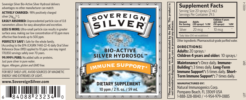 Silver Hydrosol Vertical Spray (Sovereign Silver) Label