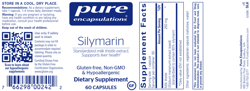 Silymarin (Milk Thistle Extract) 60 caps - (Pure Encapsulations) label